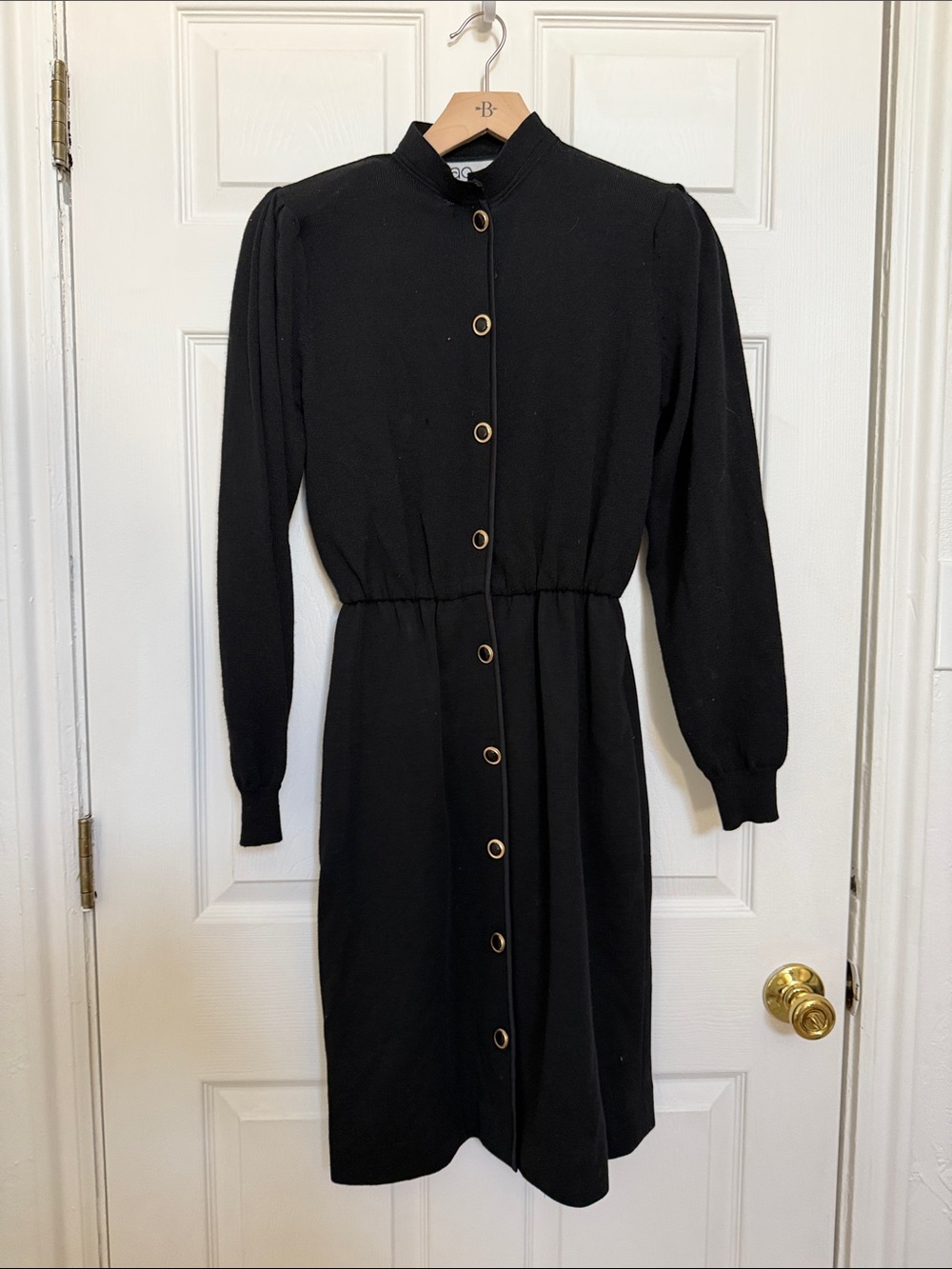 Vintage 100% pure wool Black Long-Sleeve Button-Front Midi Dress